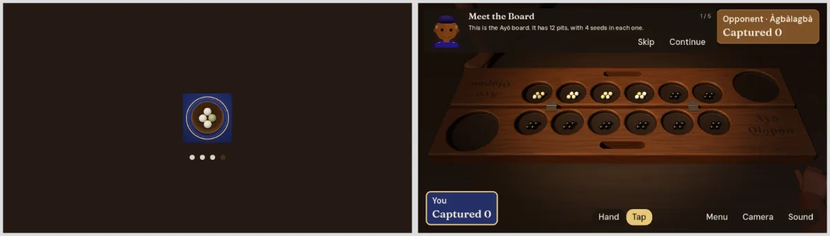 The tutorial 'Meet the Board' over a 3D wooden board with four seeds in each of twelve pits.
