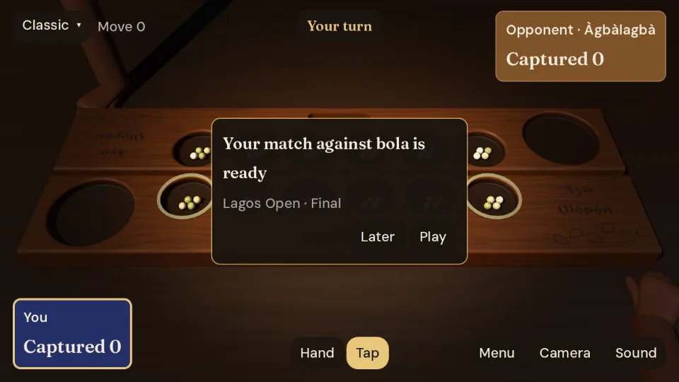Ayò Ọlọ́pọ́n on a wooden board: a tournament match notice reads 'Your match against bola is ready, Lagos Open, Final'.