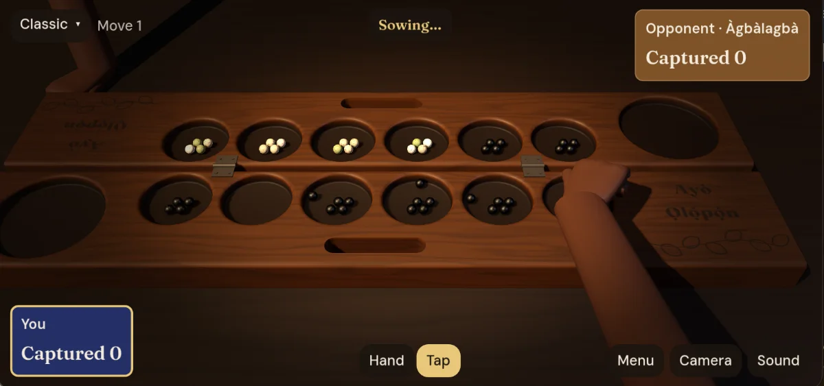 Ayò Ọlọ́pọ́n in play: a hand sows seeds across a 3D wooden board; the status reads 'Sowing…', Move 1, Classic rules.