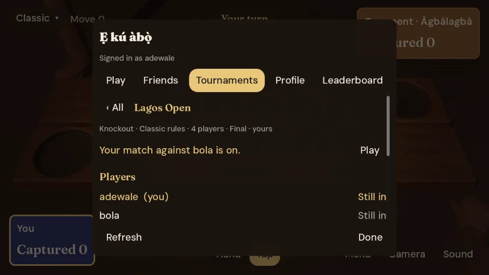 The in-game tournament screen for the Lagos Open, listing players adewale and bola, both still in.